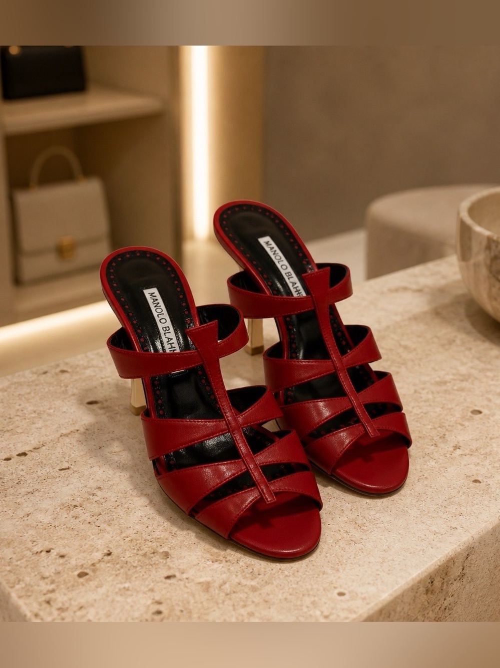 Manolo Blahnik Red Multi-Strap Leather Mid-Heel Sandals